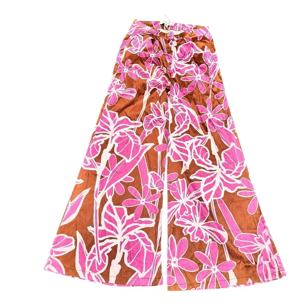 LIQUORISH Floral Print Blazer Jacket Wide Leg Pants Set Brown Pink‎ Size US 8
